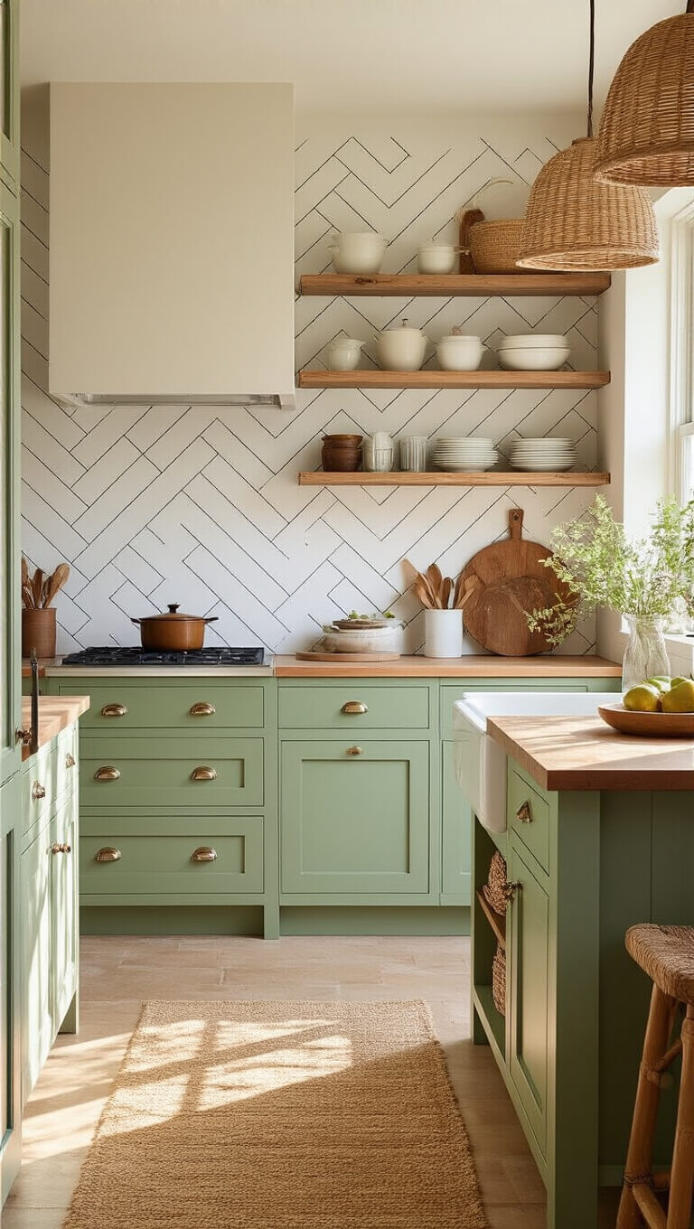 Petite farmhouse kitchen with sage green and white cabinets, herringbone white tile backsplash, open shelving, butcher block island, and warm golden hour lighting.