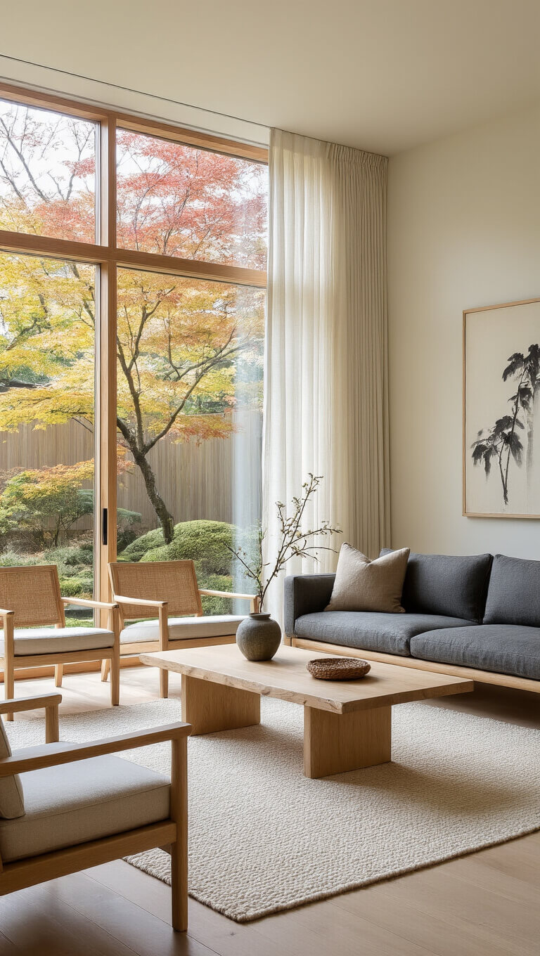 Serene living room with floor-to-ceiling windows, charcoal sofa, oak armchairs, cream rug on bamboo floors, and Japanese maple garden view.