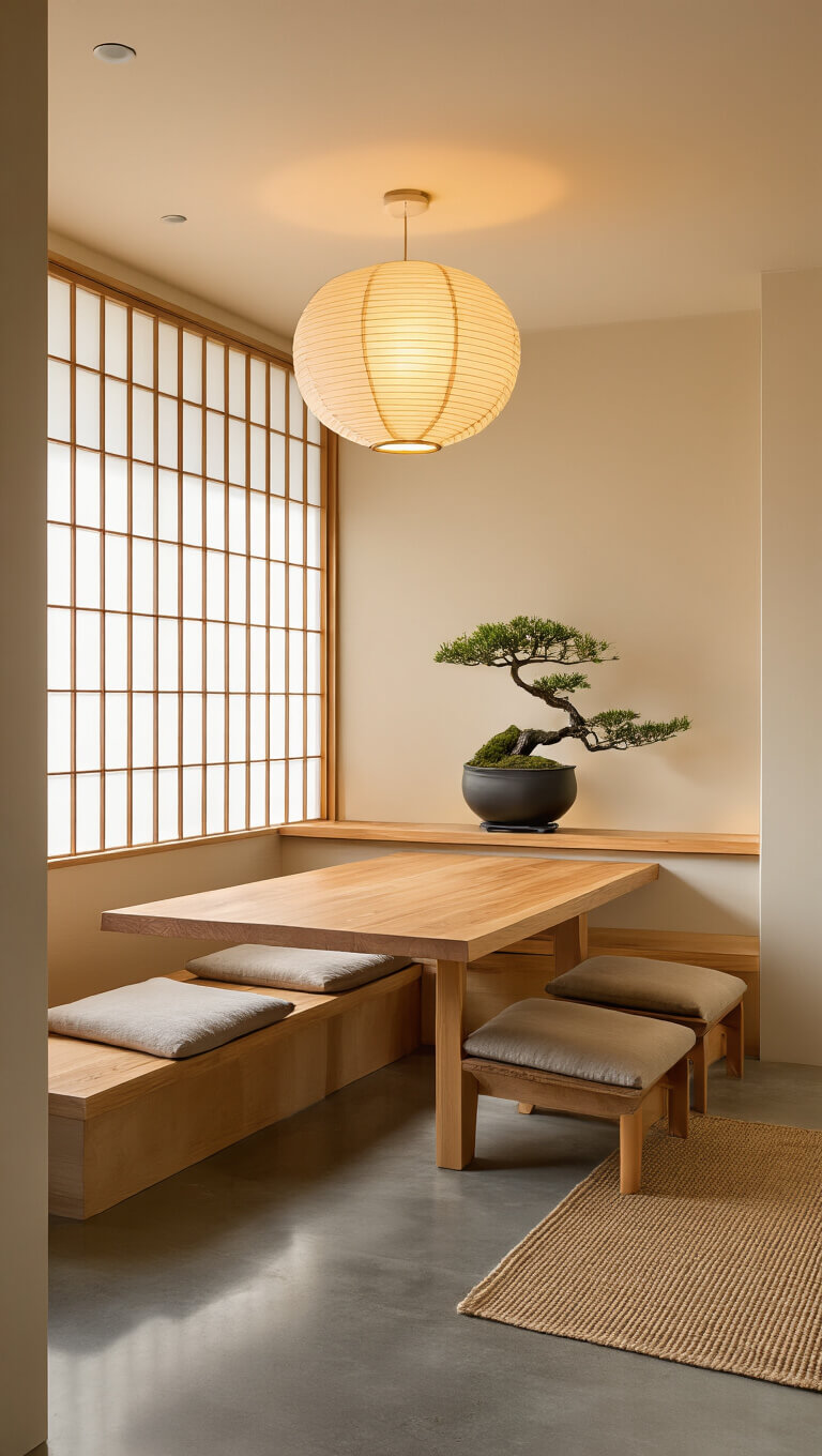 Intimate dining alcove with cedar table, floor chairs, paper lantern, shoji screens, bonsai, and warm sunlight on polished concrete floor.