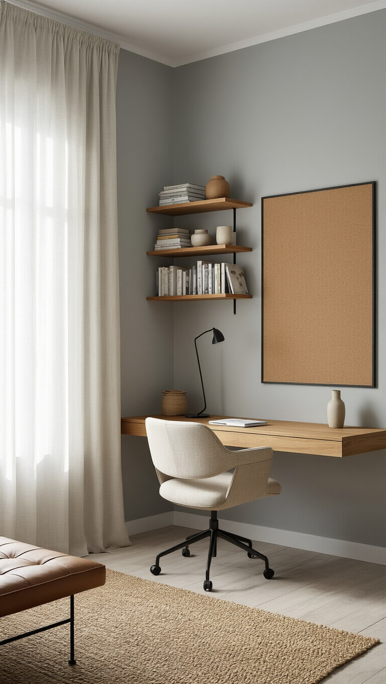 Tranquil 10x12 ft home office with teak floating desk, linen chair, cork board, leather lounge chair, pale gray walls, white oak floors, and soft afternoon light.
