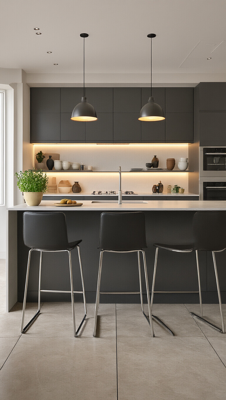 Minimalist 15x18 ft kitchen with matte charcoal handleless cabinets, pale quartz countertops, central island with induction cooktop, and polished concrete floor, lit by warm pendant and recessed lights.