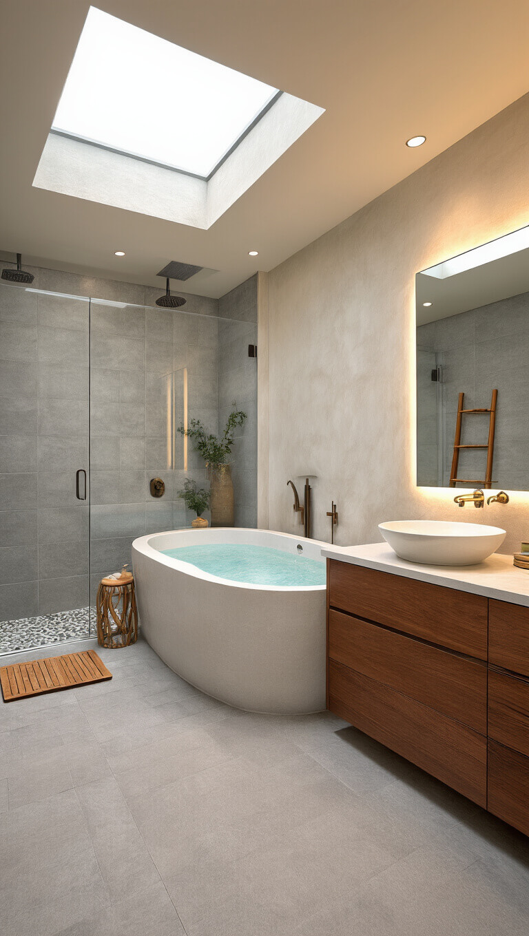 Luxurious 12x14 ft spa-style bathroom with freestanding white stone tub under skylight, gray large format tile floors, floating walnut double vanity with vessel sinks, frameless mirror, glass-enclosed rain shower with pebble floor, and organic accents like teak mat, bamboo towel rack, and potted ferns.