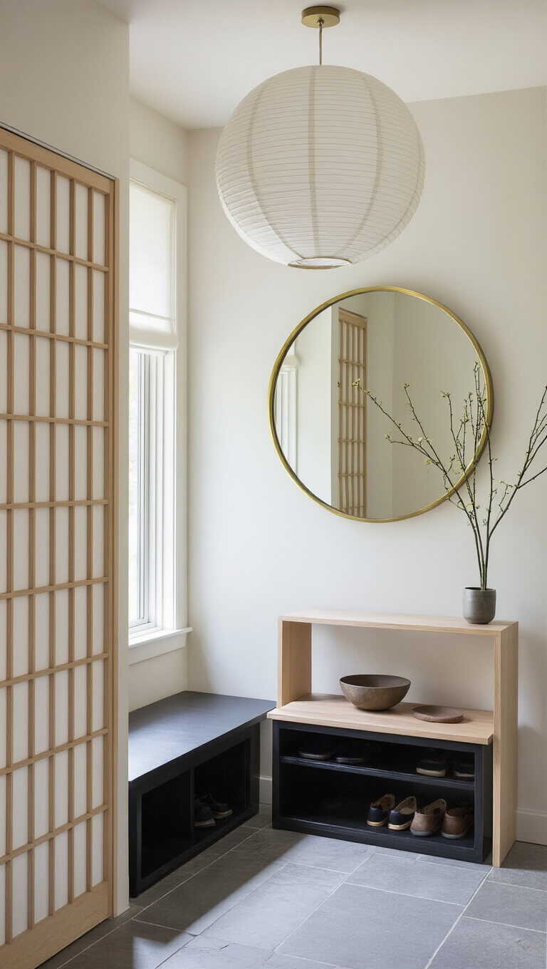 Minimalist 8x10 ft entryway with black-stained oak bench, round brass-framed mirror, shoji-style closet doors, pale ash console table, and soft natural lighting.