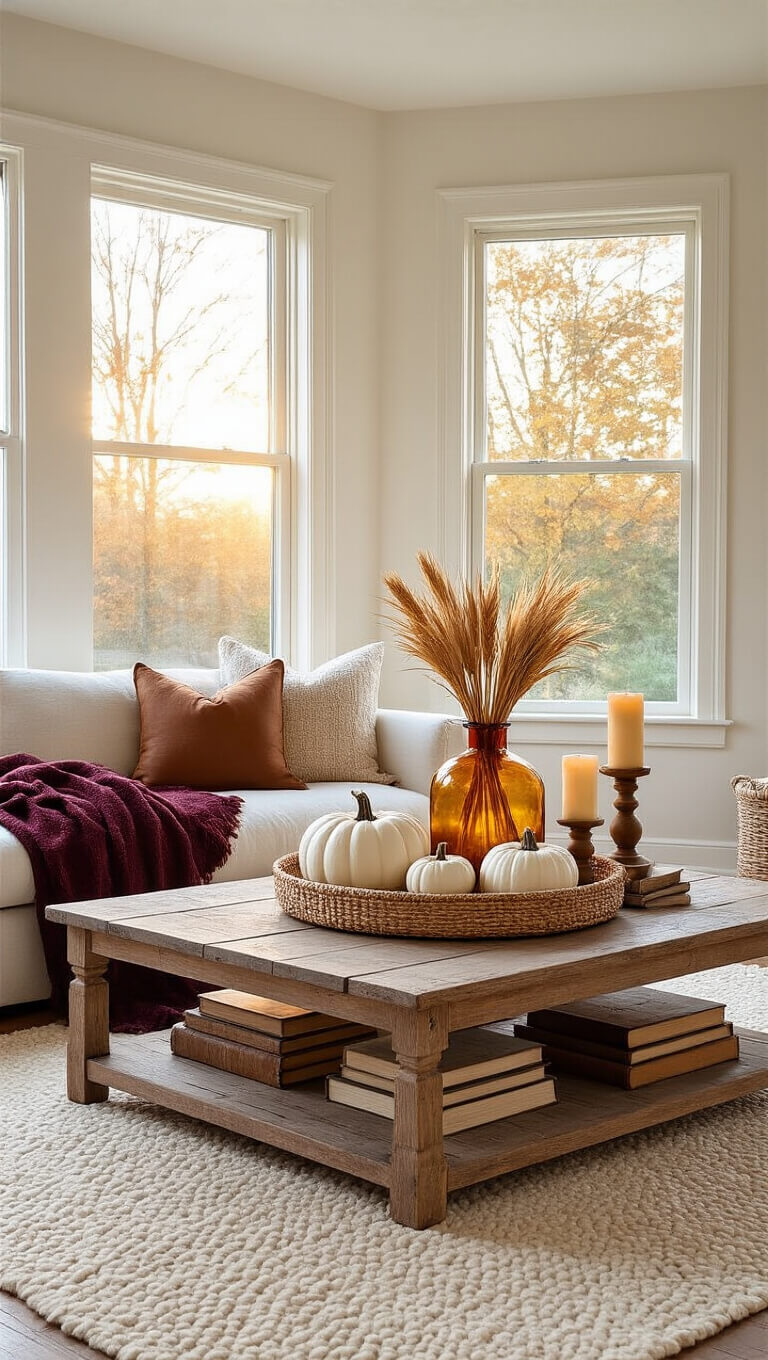 Sunlit autumn-themed living room with a rustic wooden coffee table displaying ceramic pumpkins, dried wheat in an amber vase, vintage books, and candles, set on a cream rug with a burgundy throw on a linen sofa nearby.