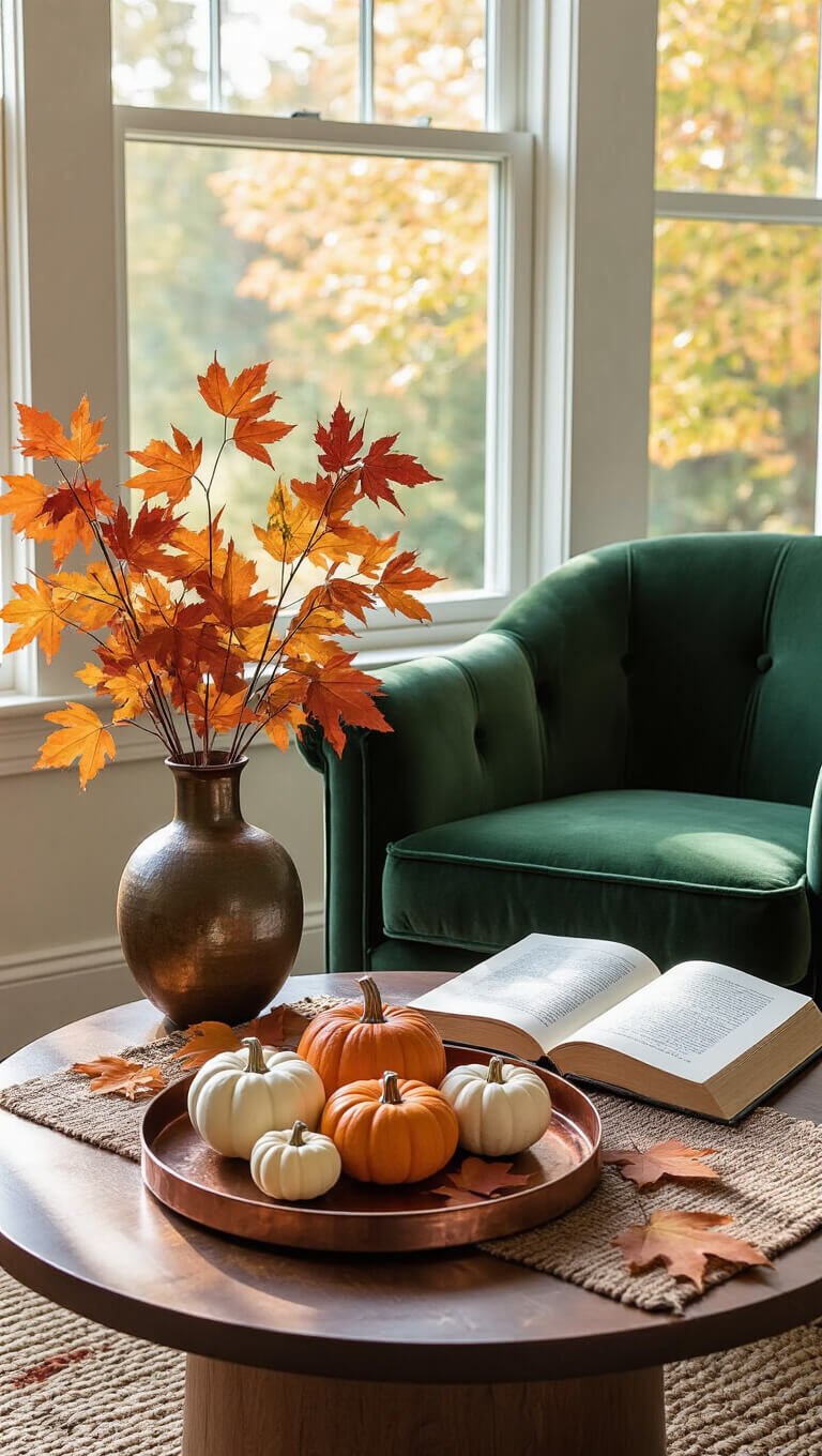 Cozy autumn reading nook with forest green velvet armchair, round walnut coffee table adorned with pumpkins, fall leaves, and an open gardening book, bathed in soft morning light.