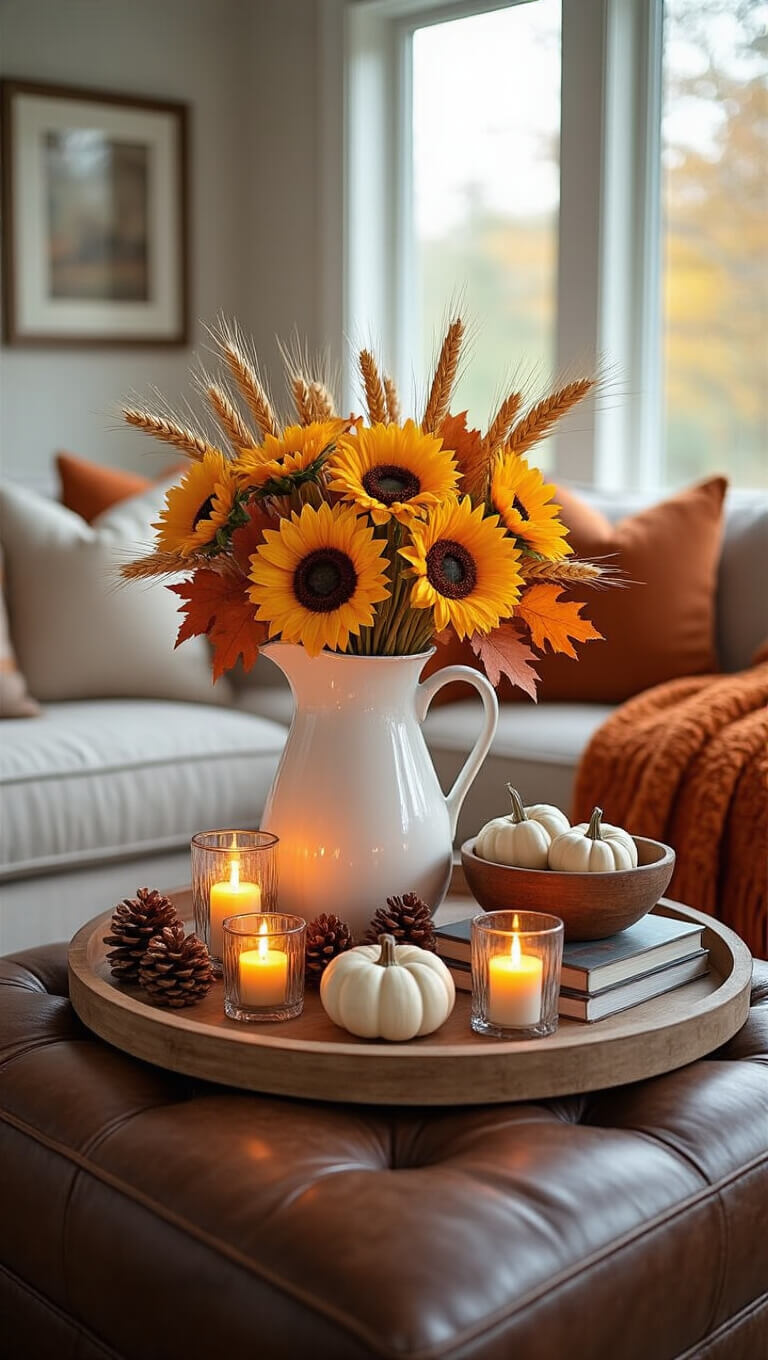 Low-angle view of a cozy family room in warm evening light, featuring a distressed leather ottoman with a wooden tray holding fall decor—faux sunflowers, maple leaves, LED candles, books, and mini pumpkins—beside a burnt orange throw.