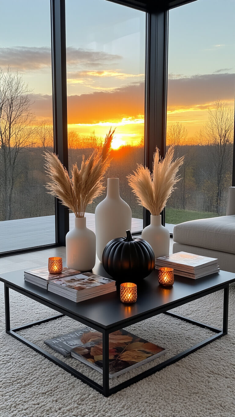 High-angle view of a modern living room with floor-to-ceiling windows at sunset, featuring a black metal and glass coffee table adorned with white ceramic vases holding dried fall foliage, a matte black pumpkin, copper tea light holders, and autumn-colored design magazines.