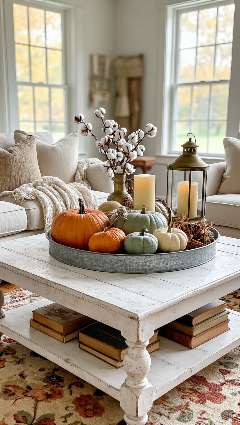 Farmhouse-style sitting room with whitewashed coffee table topped with heirloom pumpkins, dried cotton, cinnamon sticks, brass lantern, and antique books on a floral rug, bathed in warm morning light.