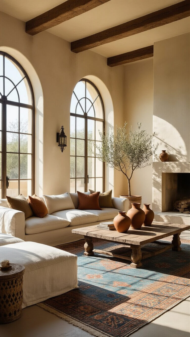Sunlit living room with arched windows, linen sofa, rustic coffee table, ceramic vases, ivory plaster walls, Moroccan rug, and potted olive trees.