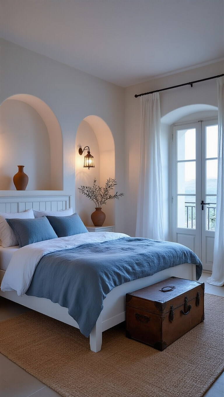Mediterranean bedroom with whitewashed bed, stormy blue linens, arched alcoves, olive branches, and soft twilight lighting.