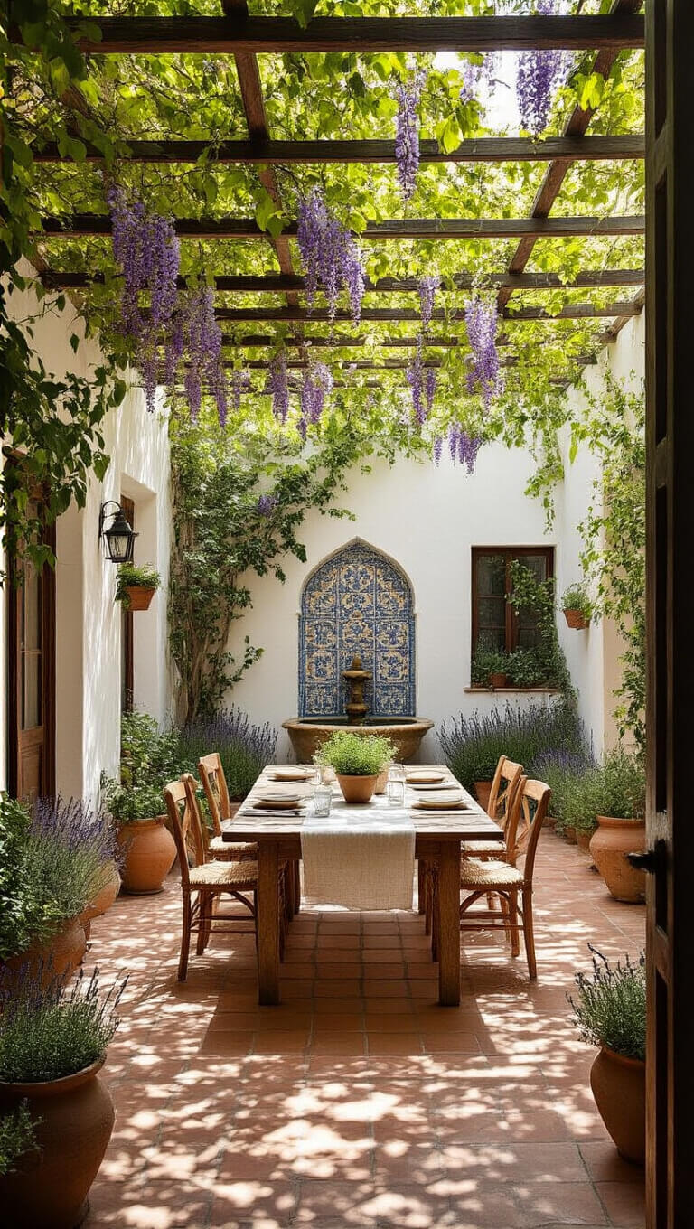 Sunlit Mediterranean courtyard with terracotta tiles, wisteria-covered pergola, rustic dining table, potted herbs, stone fountain, and Moorish tile accents.
