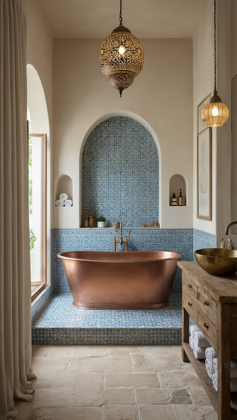 Mediterranean-inspired bathroom with copper bathtub, blue zellige tiles, wood vanity, brass sink, arched niches, Moroccan pendant light, stone floor, and linen curtains.