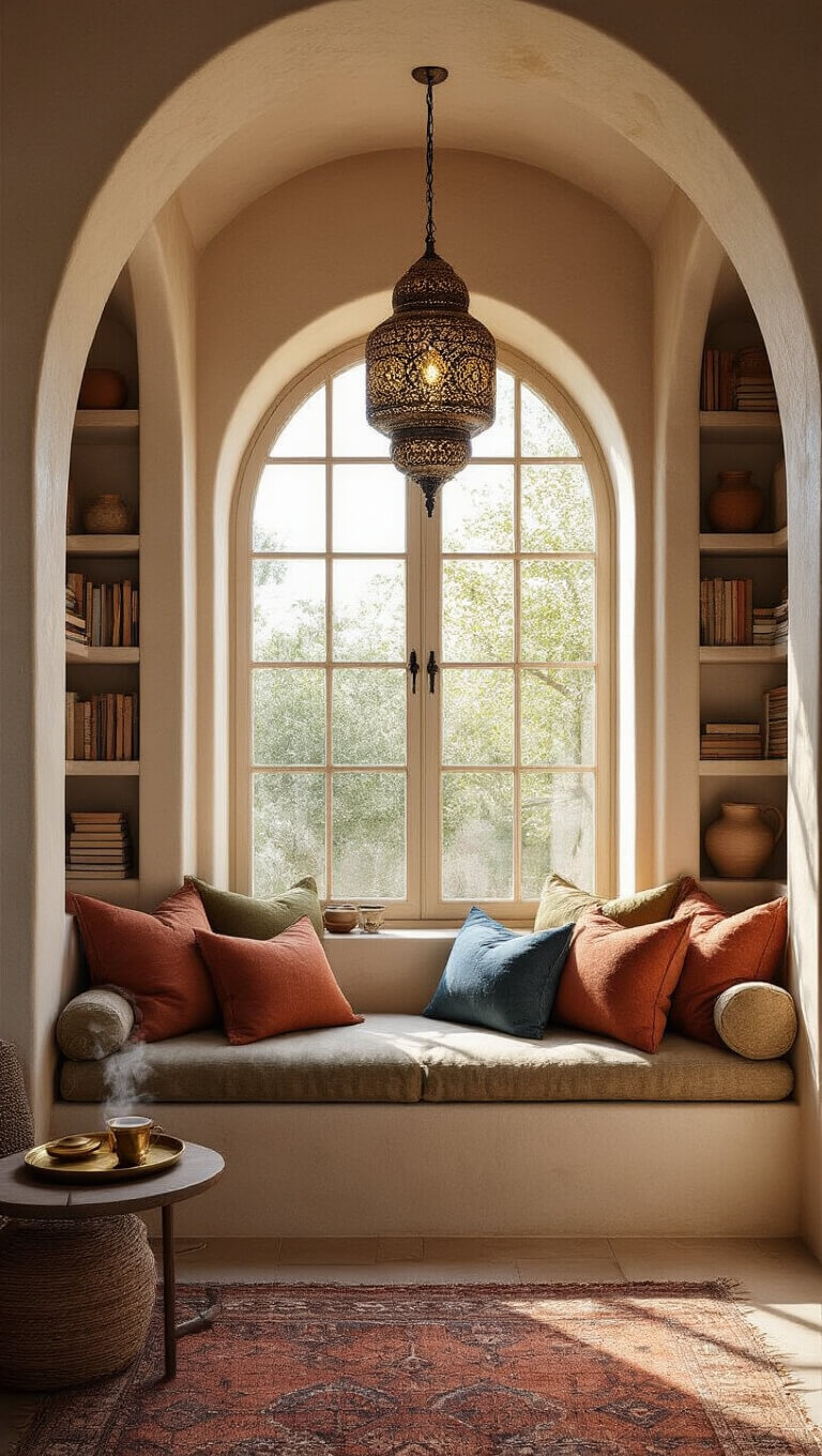 Close-up of a cozy Mediterranean window seat with textured pillows in warm hues, bathed in late afternoon sunlight, surrounded by bookshelves and accented by intricate lighting and earthy decor.