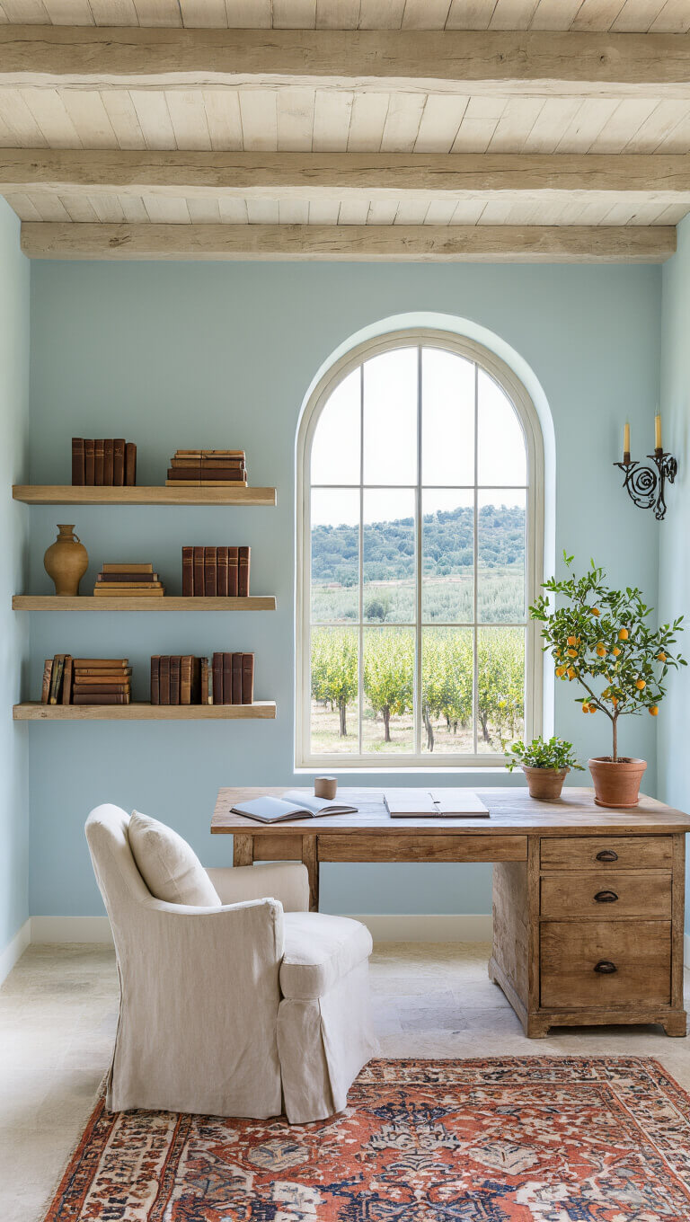 Mediterranean-style home office with arched windows, reclaimed wood desk, pale blue walls, whitewashed beams, Kilim rug, floating shelves, and potted citrus trees.