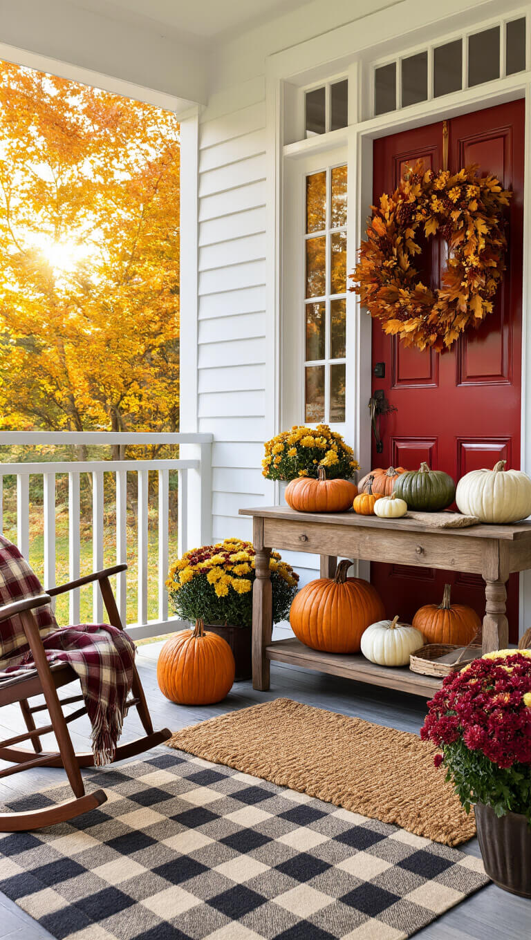 Charming fall front porch with red door, rustic decor including pumpkins and chrysanthemums, vintage rocking chair, cozy textiles, and copper lanterns in golden afternoon light.