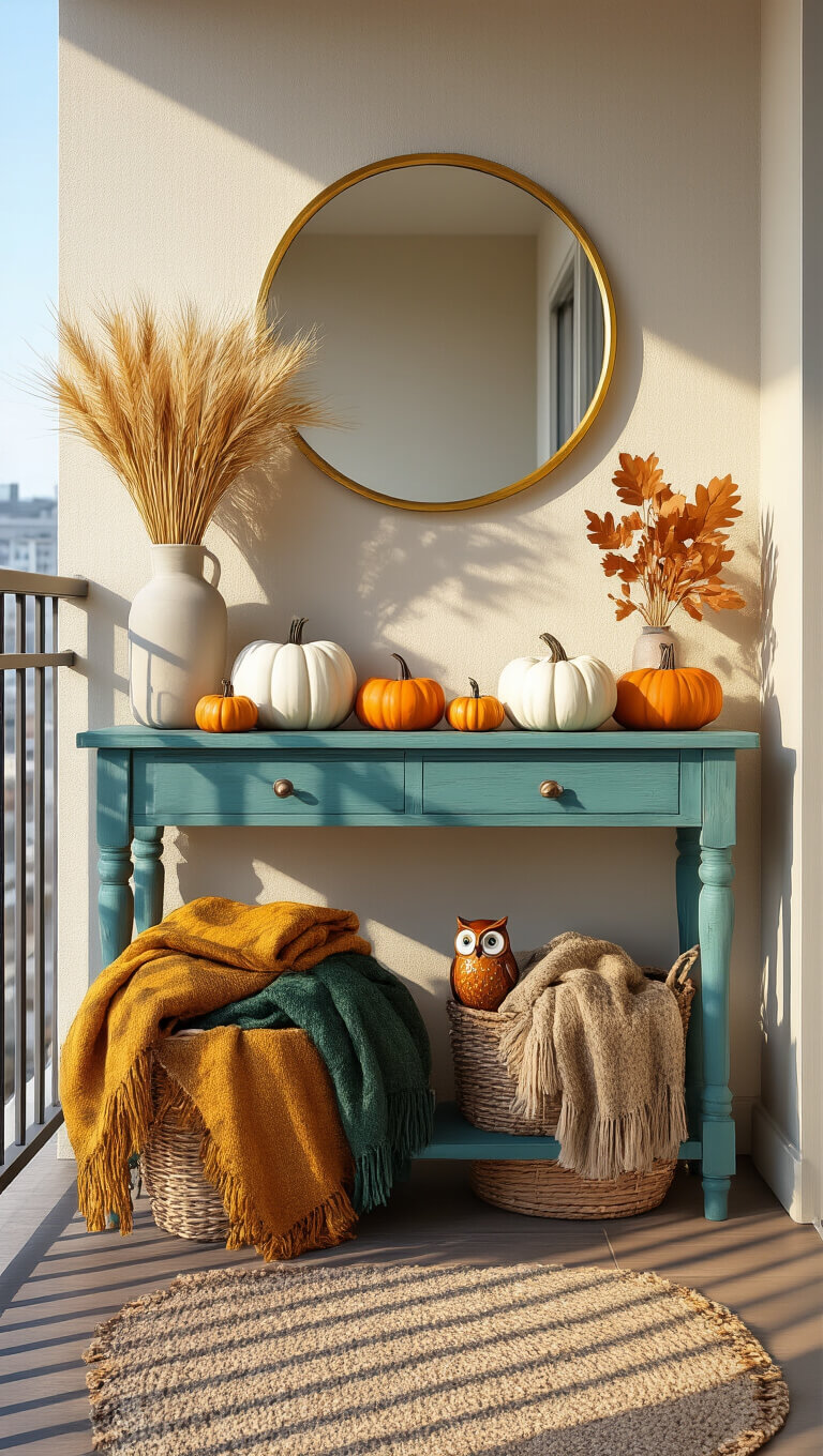 Cozy apartment balcony entryway with teal console table decorated with mini pumpkins, gold mirror, wheat vase, blanket basket, ceramic owl, fairy lights, and layered rugs.