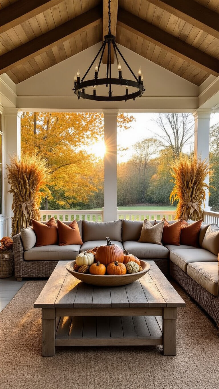 Cozy autumn-themed covered porch with taupe leather sectional, rustic decor, wagon wheel chandelier, and golden hour lighting.
