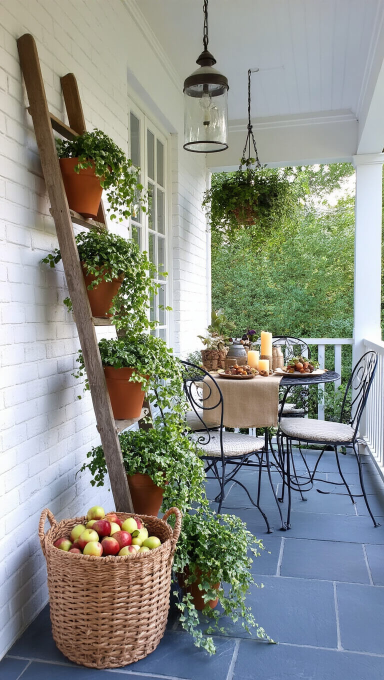 Cozy twilight side porch with vintage ladder holding potted ivy and kale, woven apple basket, wrought iron bistro set, mason jar string lights, and a 'Welcome Fall' sign against white brick wall.