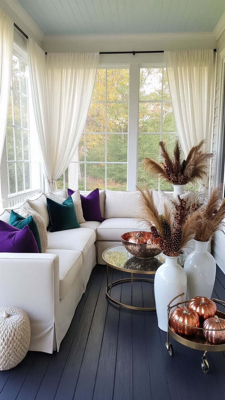 Elegant screened-in porch with white trim, dark wood floors, ivory sectional with jewel-toned pillows, fall decor including metallic pumpkins, feathers, pampas grass, and a vintage bar cart with copper mugs.