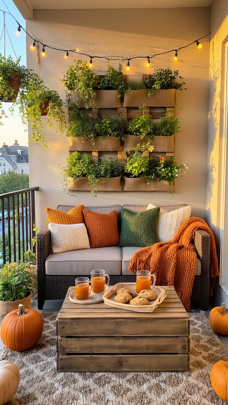 Cozy autumn balcony with loveseat, knit throws, wooden crate coffee table, cider and cookies, hanging plants, pallet garden, string lights, lanterns, and jute rug in warm afternoon light.