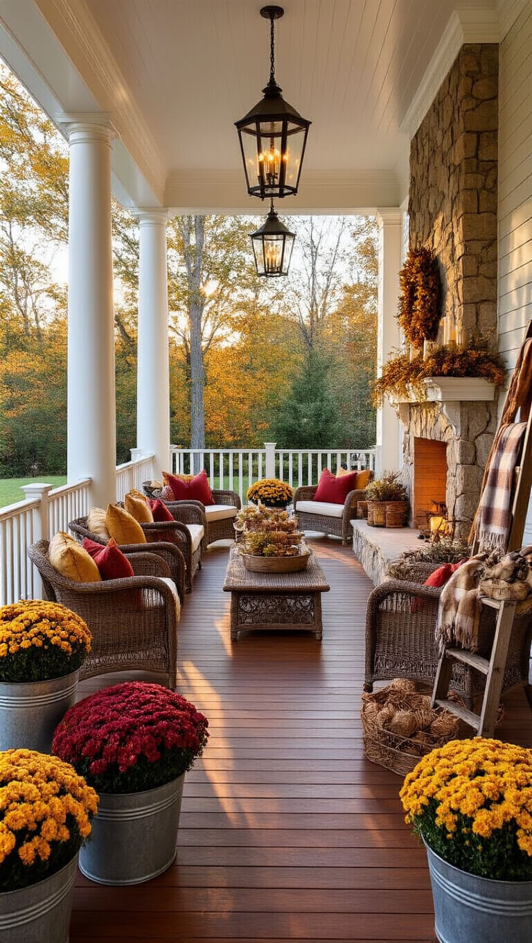 Wraparound porch with hardwood floors, white columns, wicker seating in autumn colors, glowing lanterns, stone fireplace, fall-themed décor, and farm table set with succulent-filled pumpkins.