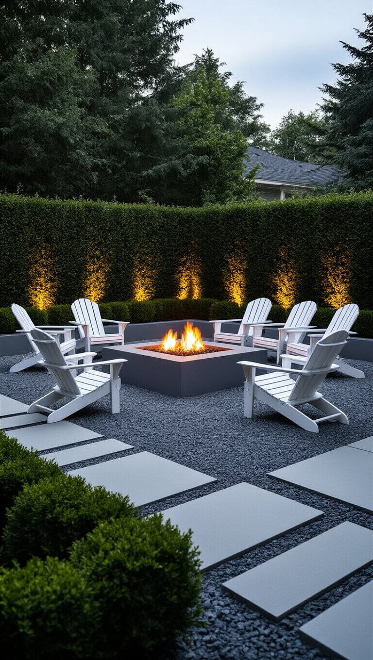 Modern minimalist gravel backyard at twilight with concrete fire pit, white Adirondack chairs, and illuminated boxwood shrubs.