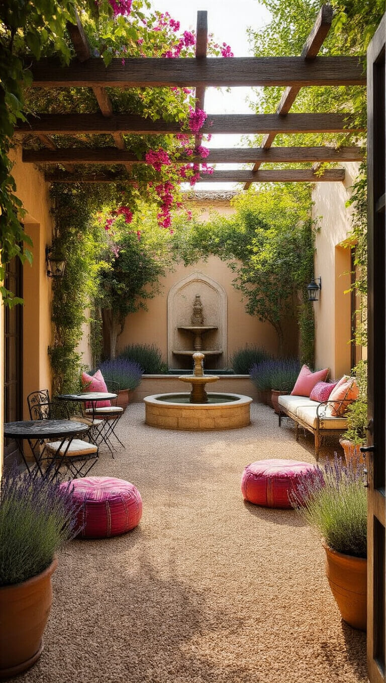Mediterranean-style gravel courtyard with pergola, bougainvillea, terracotta pots of herbs, central stone fountain, and mixed seating in warm afternoon light.