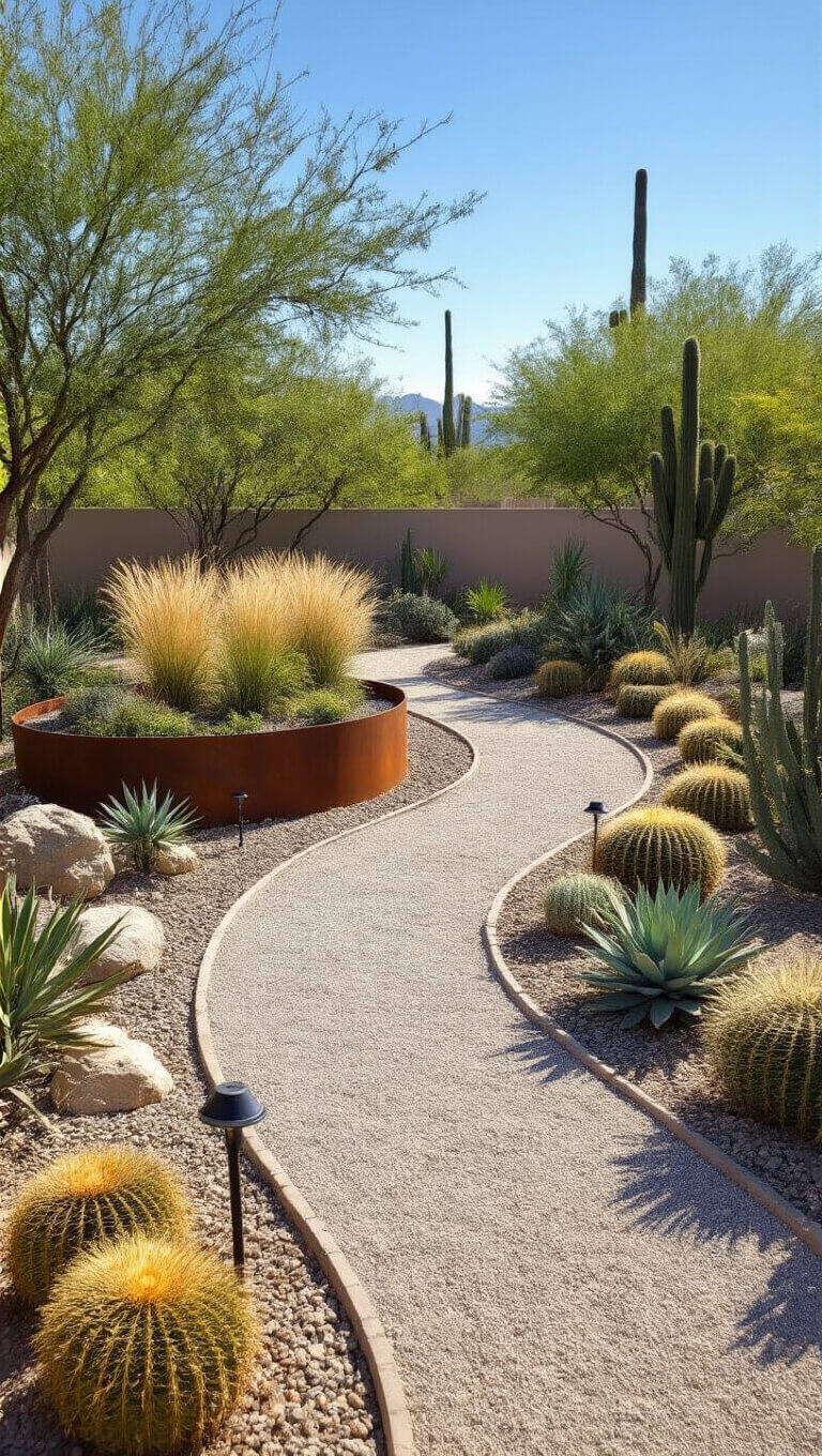 Xeriscape gravel garden with winding path, desert plants, rock features, and raised Cor-Ten steel planter under midday sun.