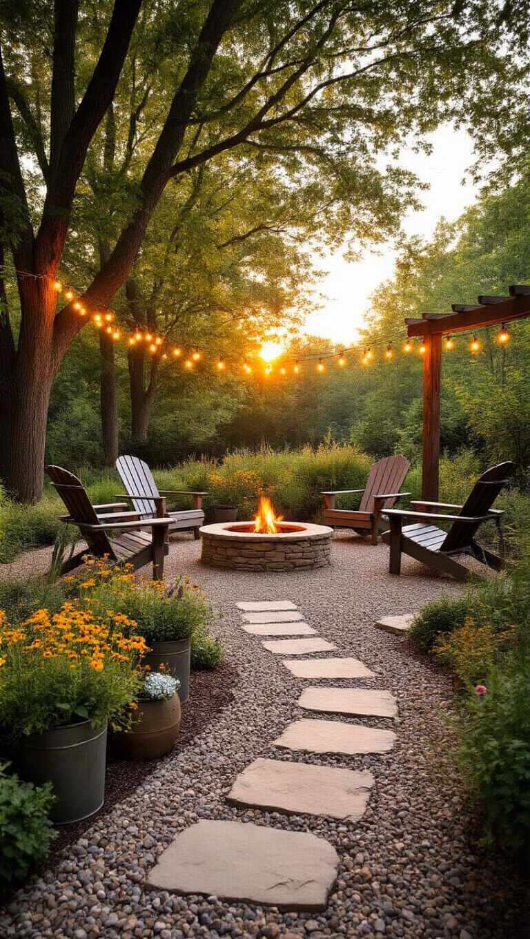 Rustic gravel backyard at golden hour with flagstone path, Adirondack chairs around a fire pit, wildflowers in vintage planters, and string lights under mature trees.