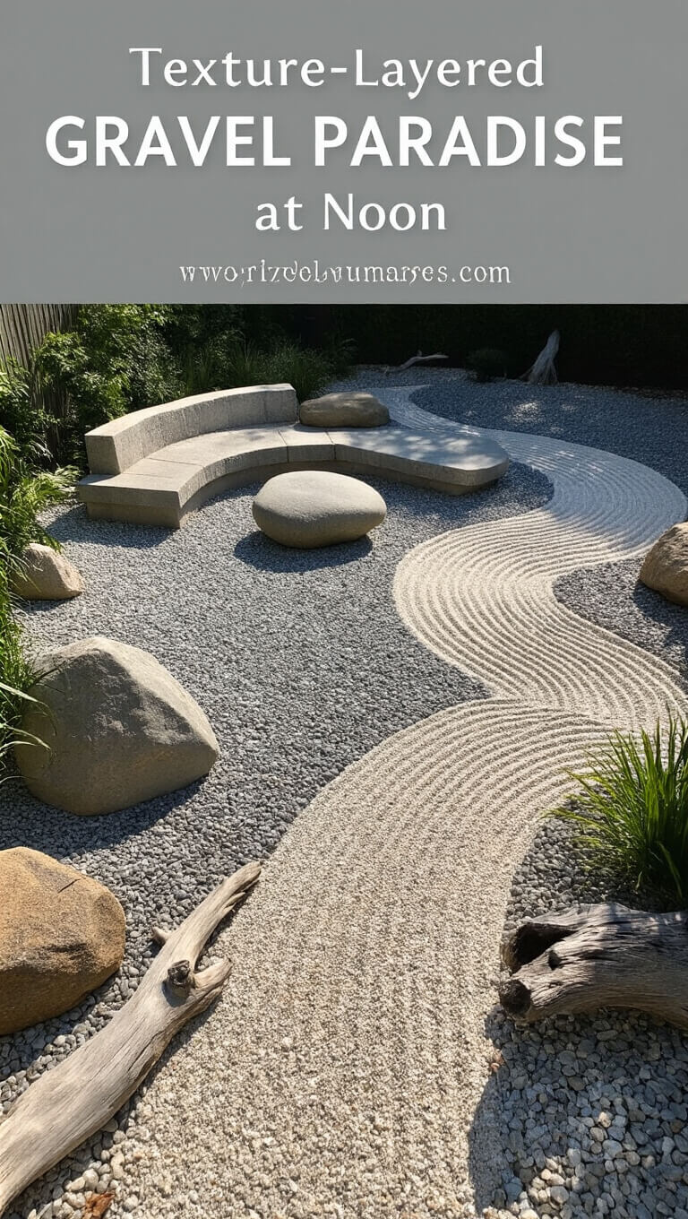Gravel garden at noon with layered textures, central river stone seating, oyster shell path to a zen garden, and driftwood accents in strong sunlight.