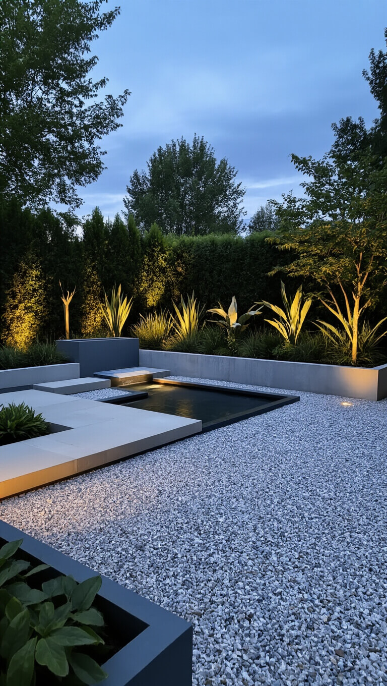 Modern gravel backyard at dusk with contrasting light and dark gravel, a concrete water feature, geometric planters, and moody lighting.