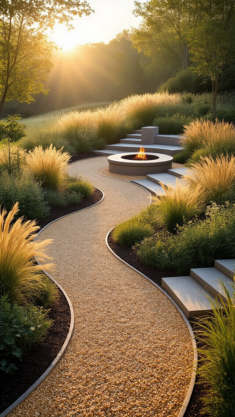 Gravel garden at sunrise with curved golden paths, ornamental grasses, blooming perennials, and a circular fire bowl seating area.