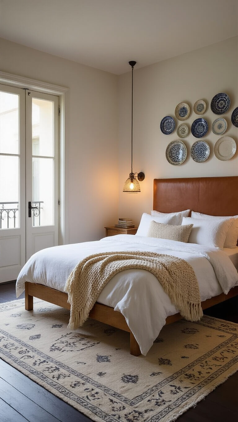 Airy dusk-lit bedroom with French doors, white linens on a wooden bed, cognac leather headboard, ochre throw, Moroccan rug, ceramic plate wall display, and soft ambient lighting.