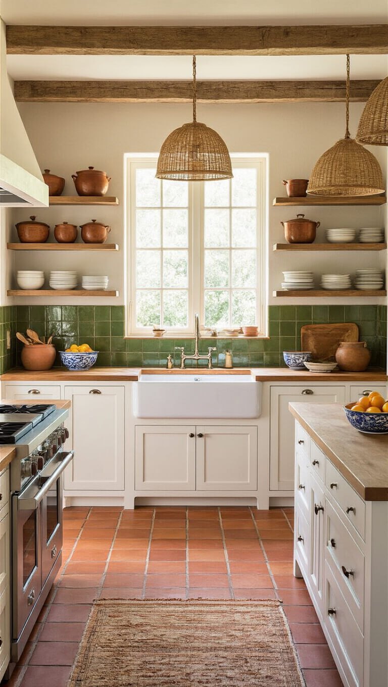 Warm-toned kitchen with terracotta tiles, white cabinets, butcher block counters, and central island under rattan pendant lights, showcasing earthenware, copper cookware, and a farmhouse sink beneath an olive-tiled window.
