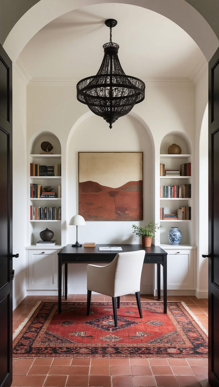 Mid-morning view of a serene home office with dark wood desk, white chair, arched built-in bookshelf, abstract painting on whitewashed walls, black wrought iron chandelier, vintage kilim rug on terracotta floor, and soft natural lighting.