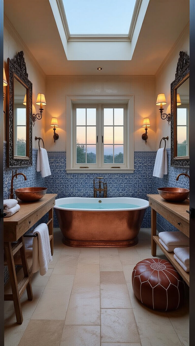 Luxurious twilight master bathroom with copper bathtub, blue and white tile backdrop, skylight, double vanities with hammered sinks, wrought iron mirrors, plush towels, Moroccan leather pouffe, and ambient spa lighting.