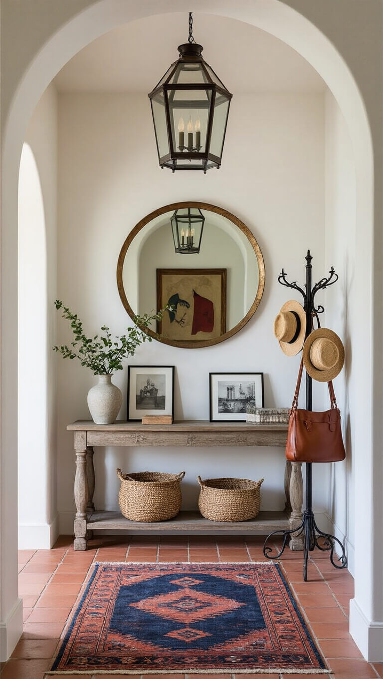 Low-angle view of an entryway with terracotta tiles, vintage runner, arched doorway, statement lantern, weathered wood console with black-and-white photos, copper-framed round mirror, wrought iron coat stand, and modern art on textured white walls.