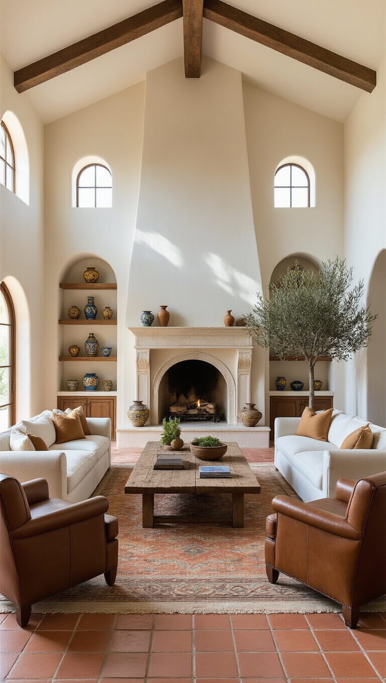 Wide-angle view of a spacious Mediterranean living room with vaulted ceilings, terracotta tile floors, white stucco walls, and warm afternoon light highlighting a stone fireplace and cozy seating arrangement.