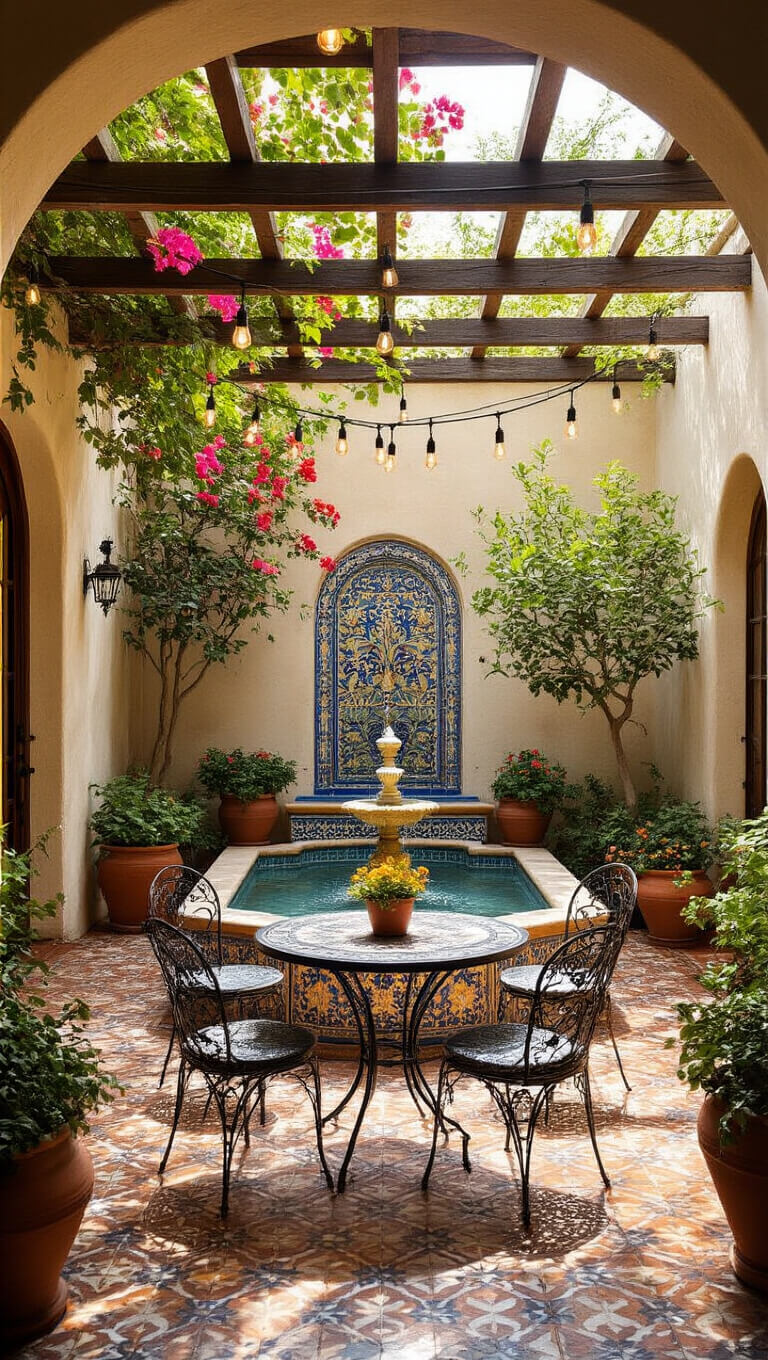A sunlit Spanish Revival courtyard with a tiled fountain, blooming bougainvillea, citrus trees in terracotta pots, and a wrought iron bistro set under a wooden pergola and string lights.