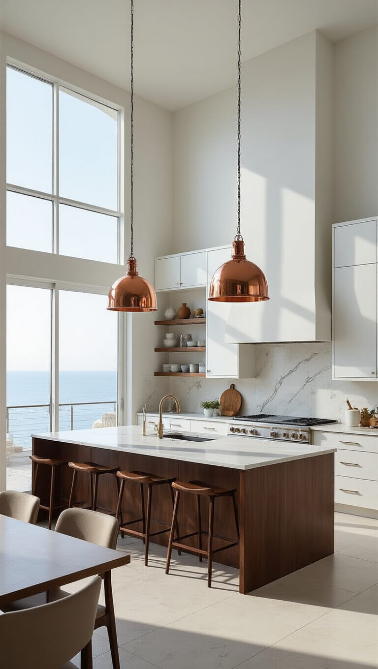 Modern Mediterranean kitchen with white cabinetry, walnut island, marble surfaces, and copper pendant lights, bathed in soft morning light from sea-facing windows.