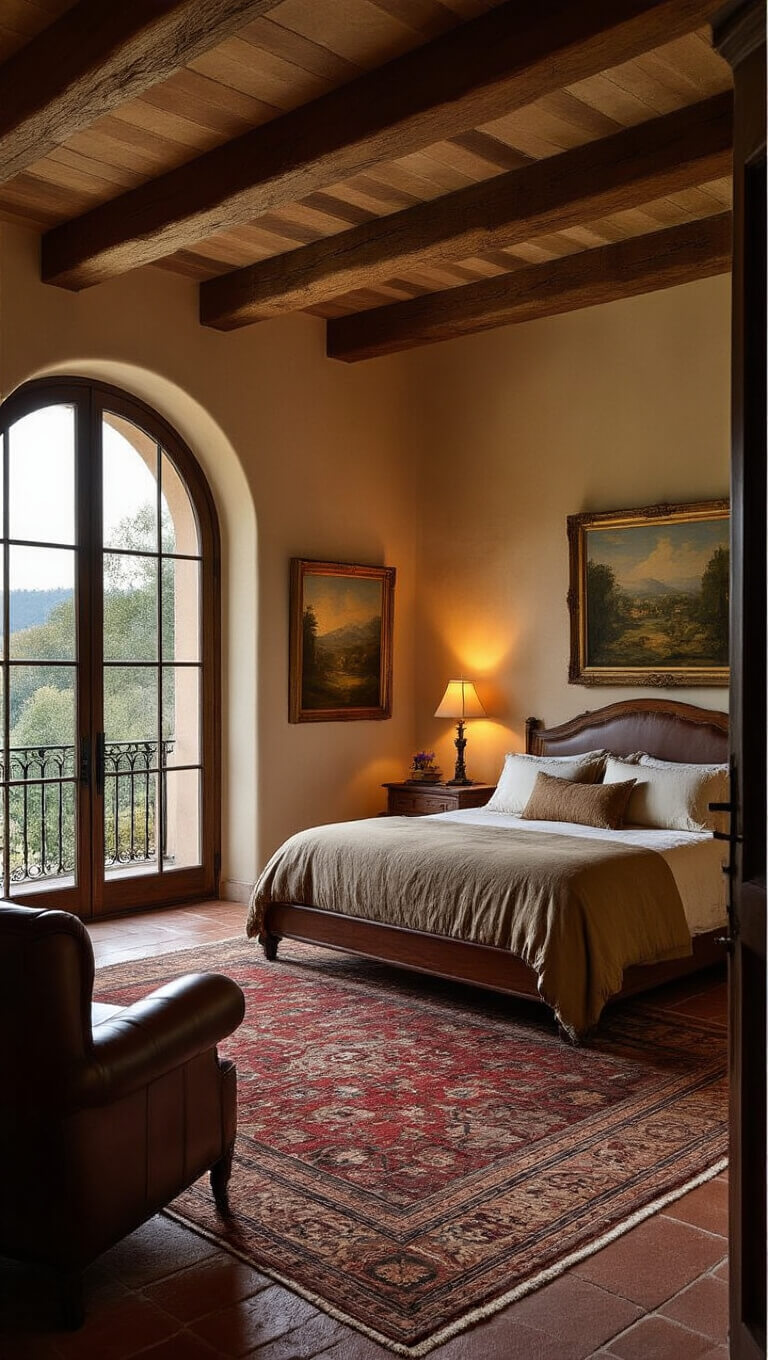 Low-angle view of a Tuscan-style master bedroom with exposed beams, warm lamplight, a four-poster bed, antique furniture, and arched French doors leading to a balcony.