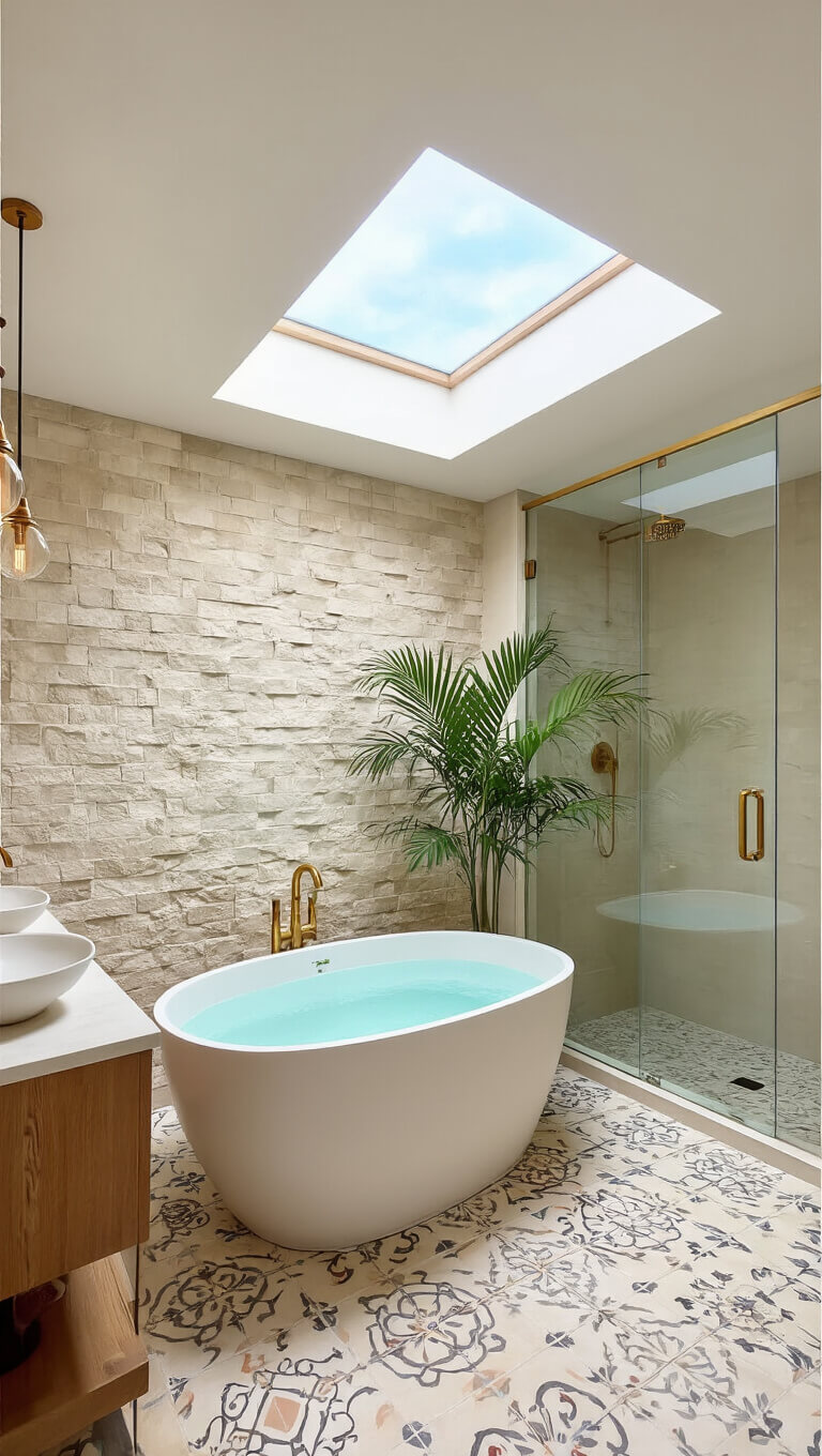 High-angle view of a modern Mediterranean bathroom with skylight, freestanding oval tub on patterned tile, textured stone accent wall, floating double vanity with vessel sinks, glass-enclosed walk-in shower, potted palm, and brushed gold fixtures.