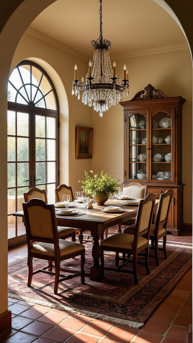 Elegant Mediterranean dining room with rustic wooden table set for eight, bathed in golden hour sunlight through arched windows.