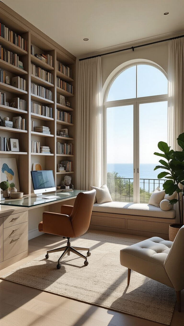 Contemporary Mediterranean home office with glass-top desk facing ocean view, floor-to-ceiling bookshelves, reading nook, and soft morning light filtering through sheer curtains.