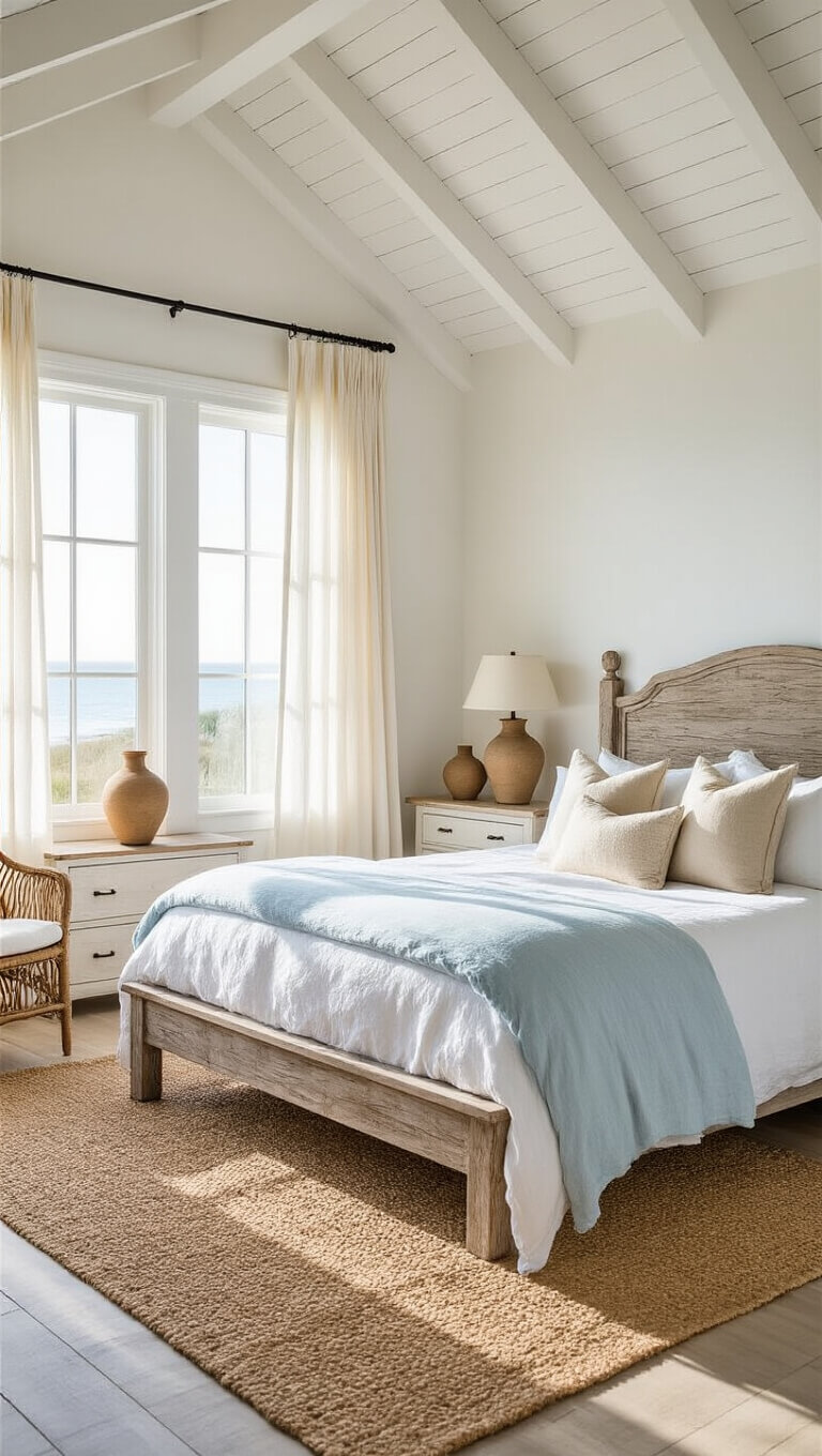 Coastal bedroom with vaulted ceilings, driftwood bed, white and blue linens, jute rug, rattan chair, and soft morning light through sheer curtains.