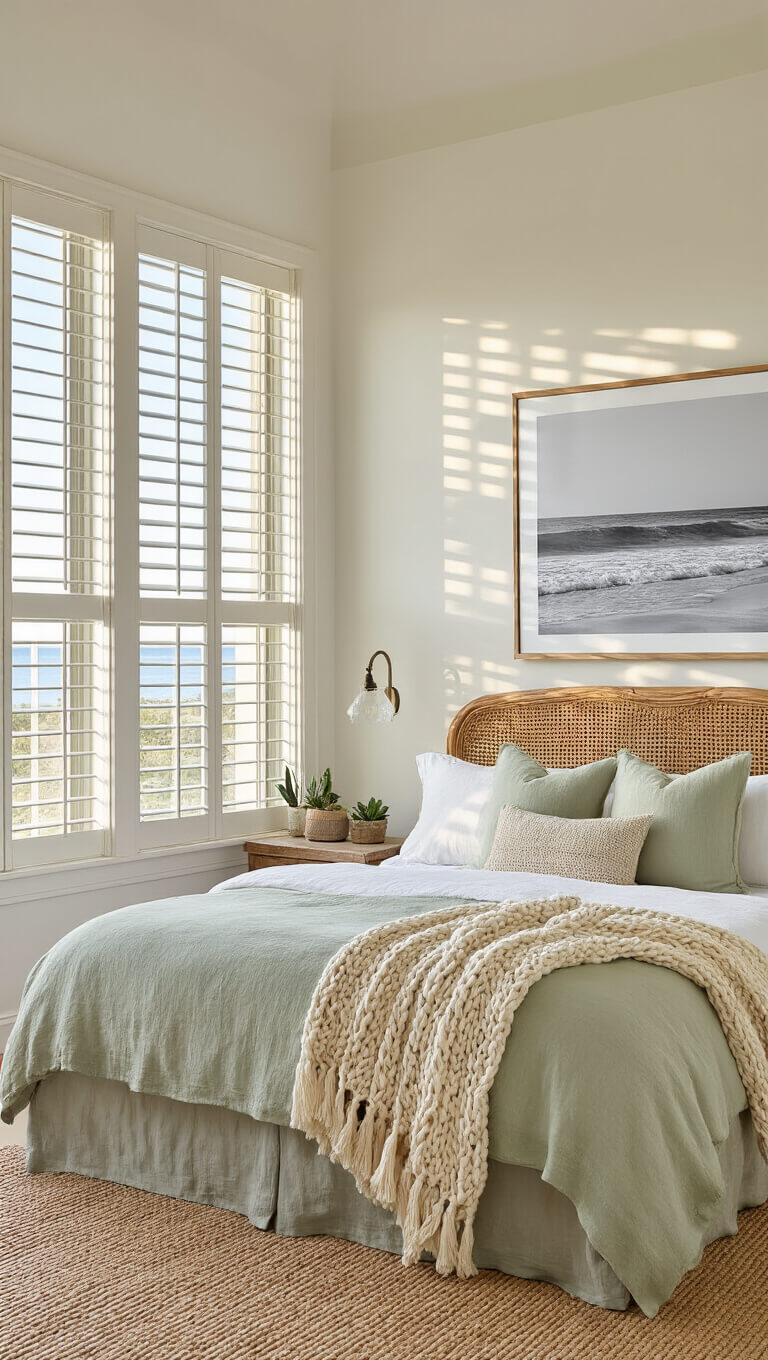 Cozy coastal guest bedroom with rattan headboard bed in soft linens, golden hour light filtering through shutters, featuring a window nook, wood side tables, and ocean wave photograph above the bed.