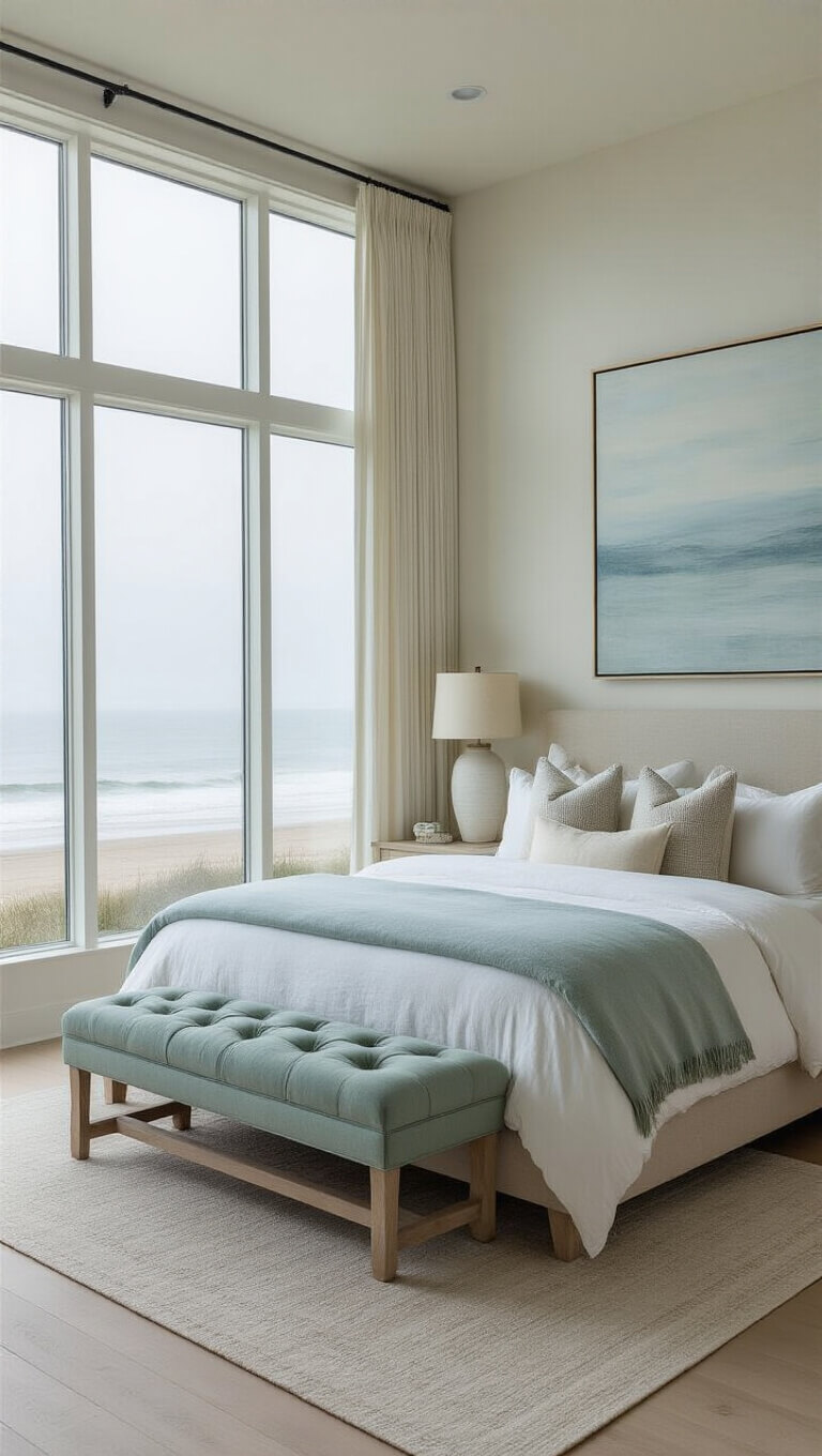 Luxurious coastal master bedroom with platform bed, seafoam bench, large windows overlooking misty beach, and soft neutral decor with blue-green accents.