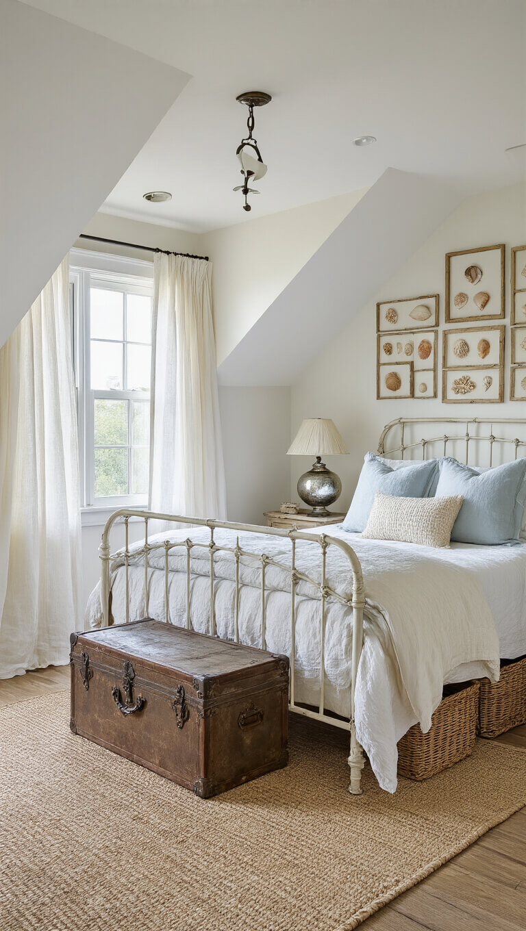 Cozy coastal attic bedroom with sloped ceilings, dormer windows, a distressed white iron bed, vintage trunk nightstand, seashell gallery wall, and soft cream and blue décor.