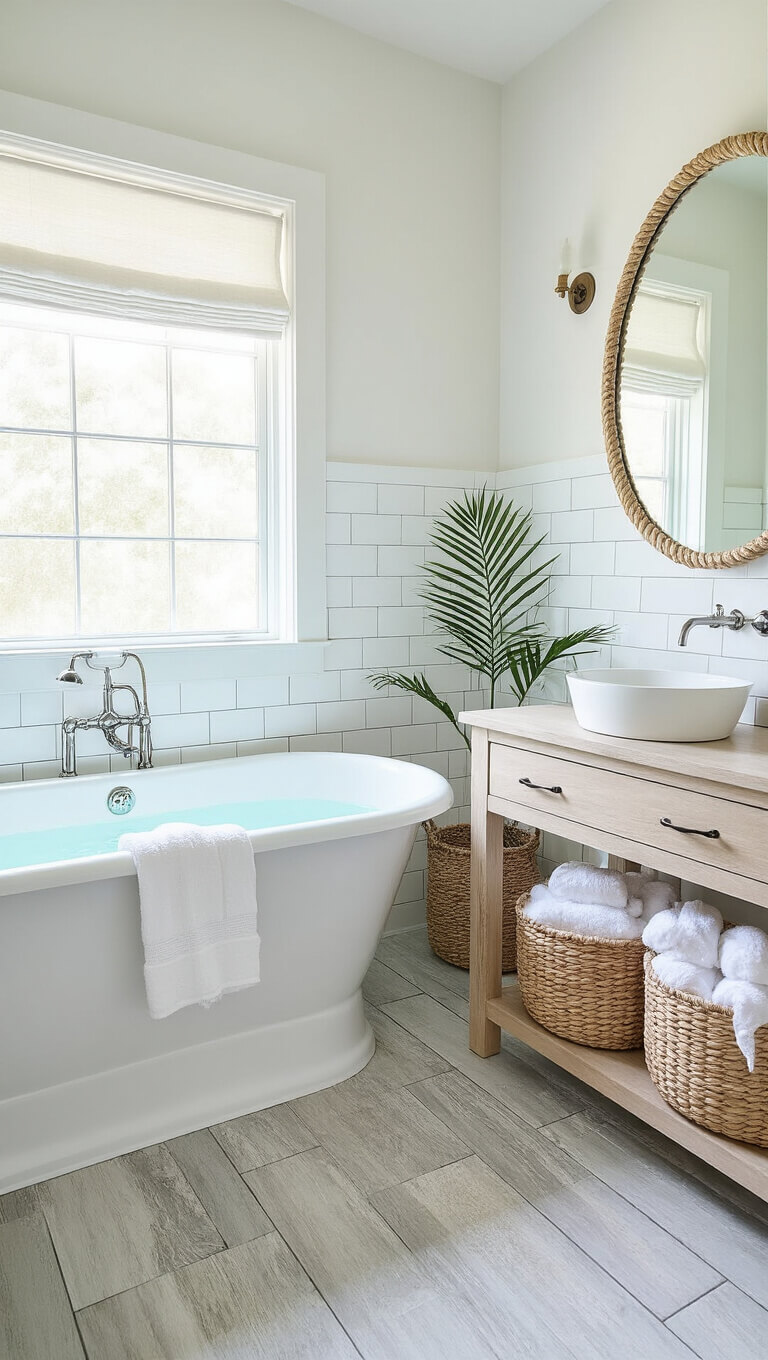 Coastal bathroom with clawfoot tub, white subway tiles, bleached oak vanity, and soft natural light filtering through a frosted window.