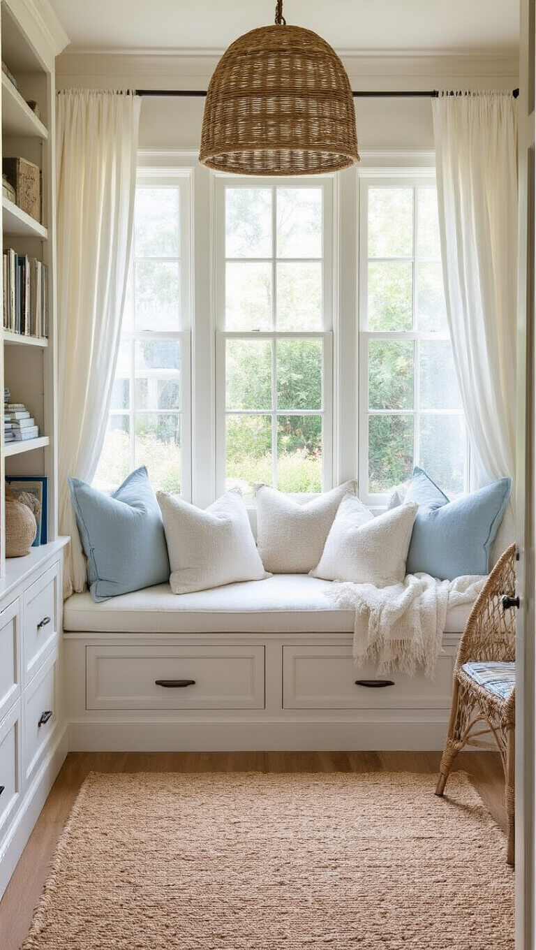 Cozy coastal reading nook with bay window, built-in window seat, hanging rattan chair, and soft natural light filtering through sheer curtains.